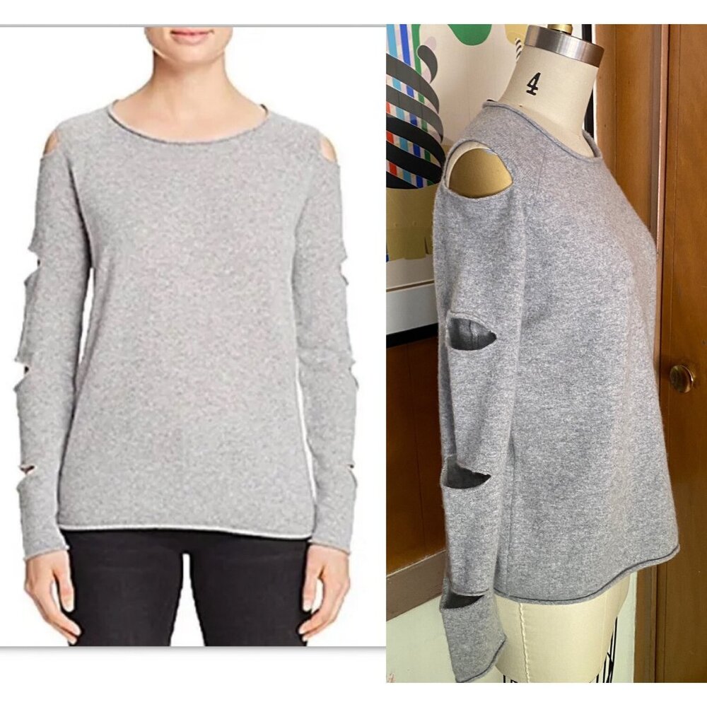 Aqua 100% Cashmere Circle Arm Cutout Slit Sleeves Sweater Sz S light gray